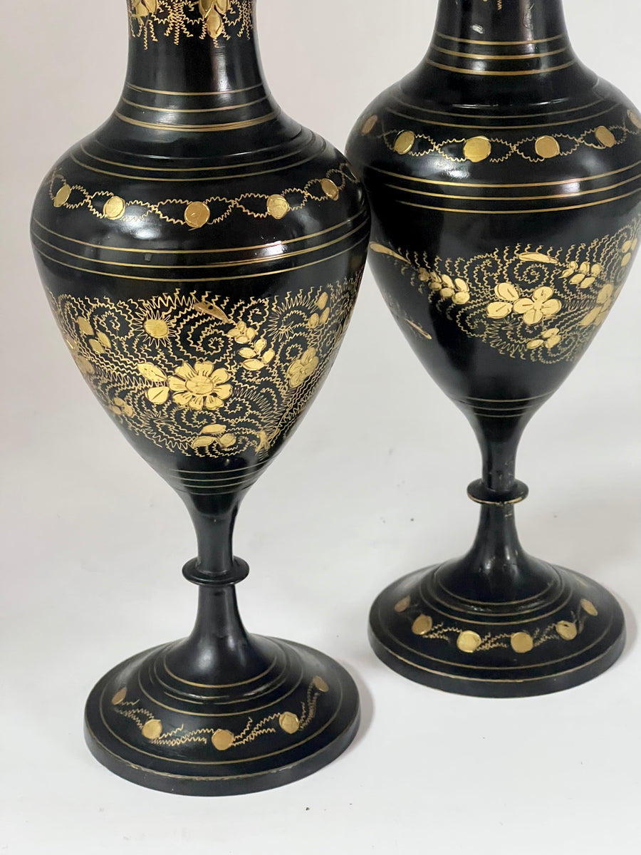 Pair Vintage Brass Etched Gold Black Enamel Fluted Vases (SKU467)