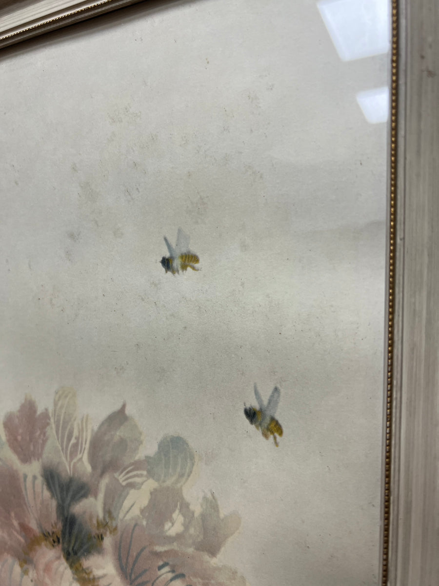 Vintage Oriental Flowers and Bees White Frame (SKU449)