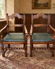 Pair Oak Jacobean Style Armchairs Green Upholstered Seats (SKU224)