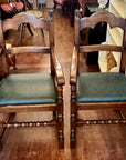 Pair Oak Jacobean Style Armchairs Green Upholstered Seats (SKU224)