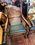 Pair Oak Jacobean Style Armchairs Green Upholstered Seats (SKU224)