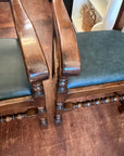 Pair Oak Jacobean Style Armchairs Green Upholstered Seats (SKU224)