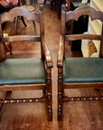 Pair Oak Jacobean Style Armchairs Green Upholstered Seats (SKU224)