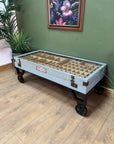 Industrial Style Coffee Table On Wheels Glass Display Storage Top (SKU71)