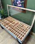 Industrial Style Coffee Table On Wheels Glass Display Storage Top (SKU71)