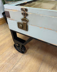 Industrial Style Coffee Table On Wheels Glass Display Storage Top (SKU71)
