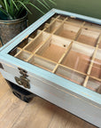 Industrial Style Coffee Table On Wheels Glass Display Storage Top (SKU71)
