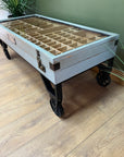 Industrial Style Coffee Table On Wheels Glass Display Storage Top (SKU71)
