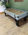 Industrial Style Coffee Table On Wheels Glass Display Storage Top (SKU71)