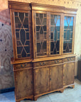 Vintage Yew Wood Glazed Library Breakfront Bookcase Cabinet (SKU067)