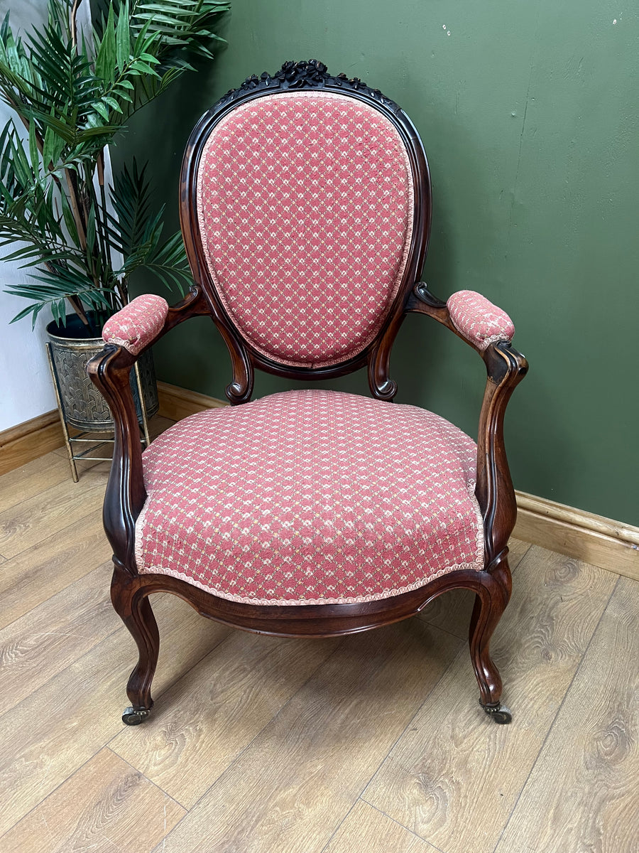 Victorian Walnut Upholstered Cameo Back Armchair (SKU241)