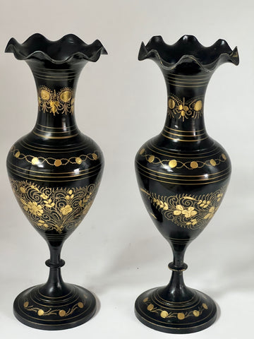 Pair Vintage Brass Etched Gold Black Enamel Fluted Vases (SKU467)