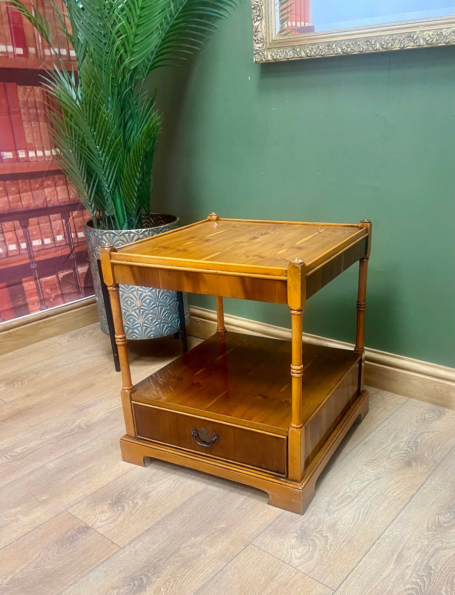 Vintage 2 Tier Burr Yew Wood Side End Table With Drawer (SKU226)