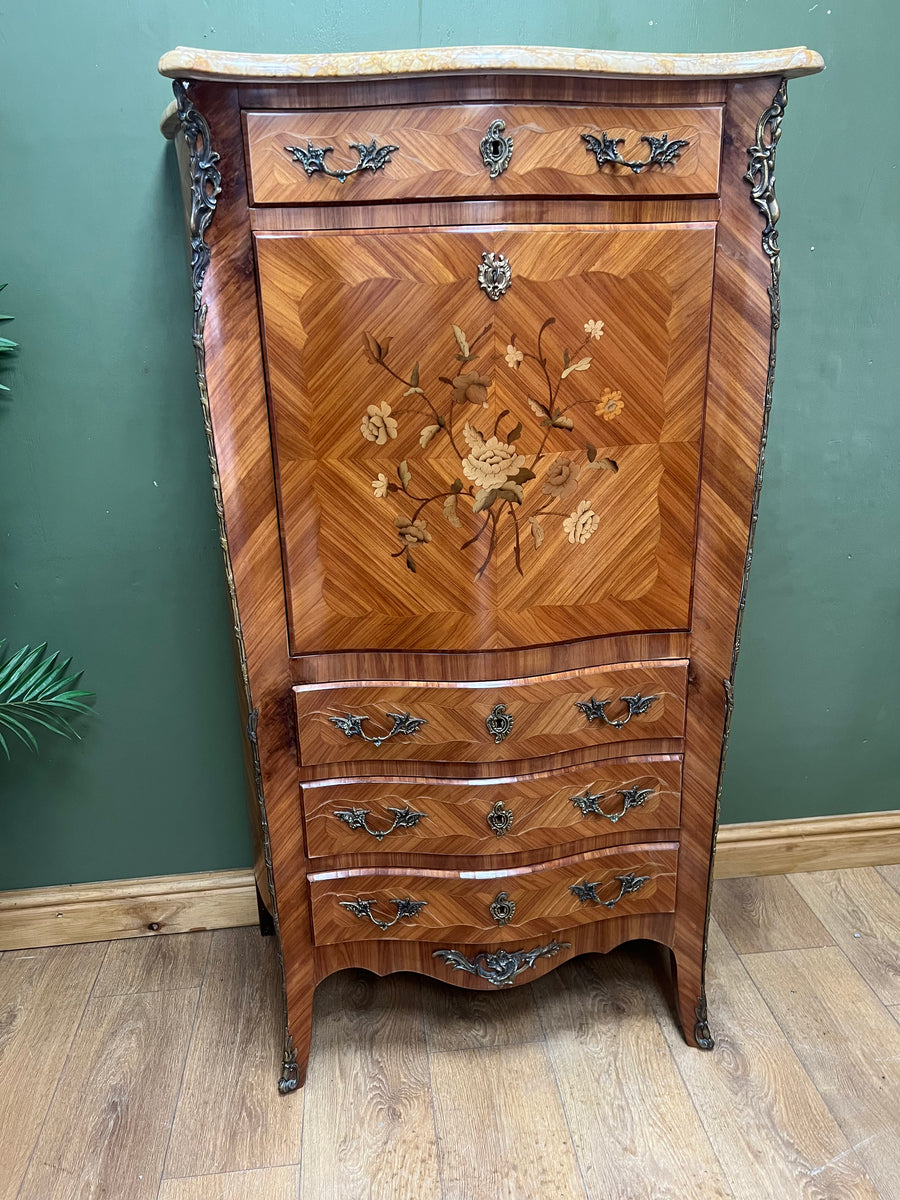 French Marquetry Inlaid Secretaire Marble Top (SKU248)