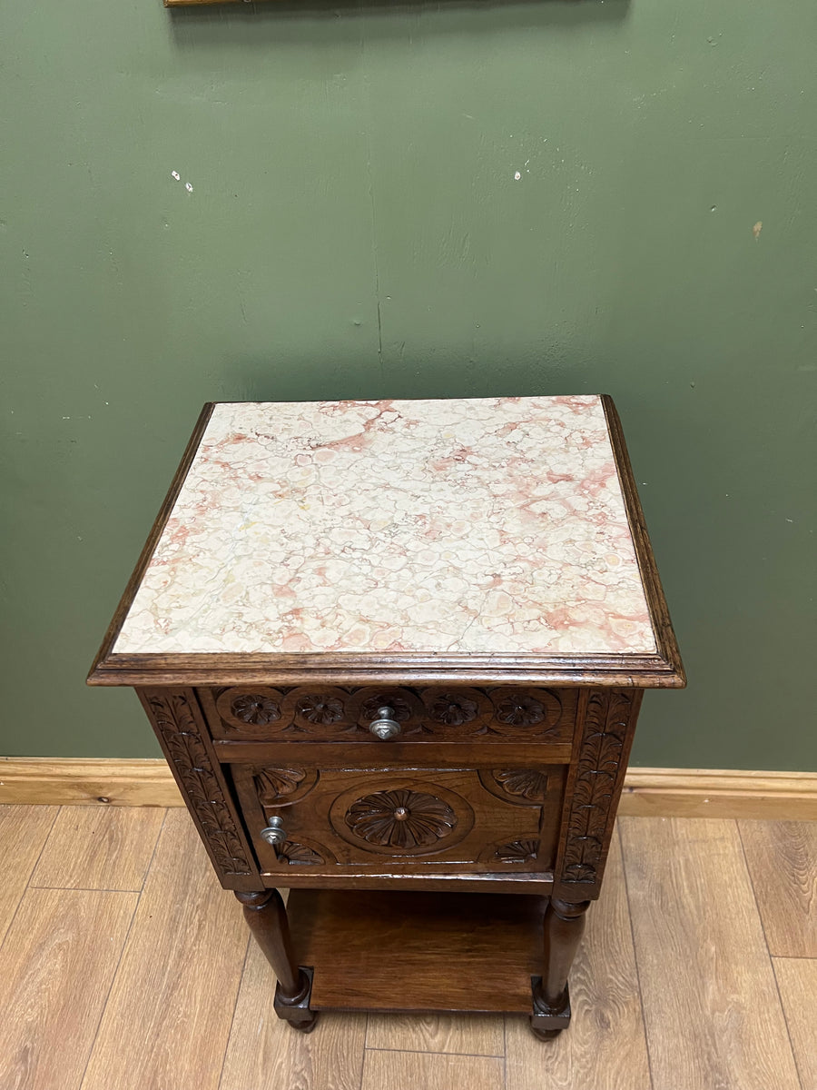 Antique French Nightstand Carved Oak Marble Top (SKU168)