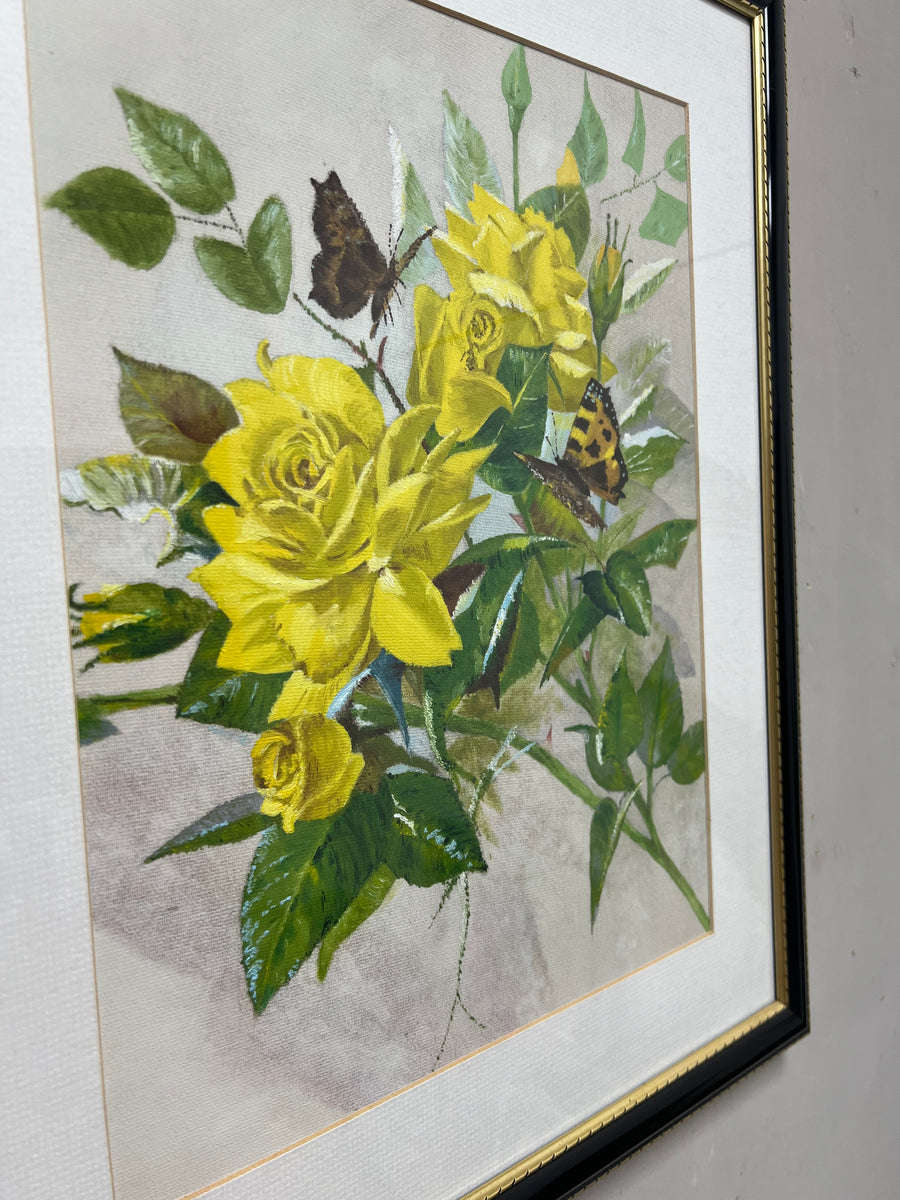 Yellow Roses Butterflies Black Framed (SKU442)