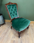 Victorian Antique Slipper Chair Royal Green Velvet With Button Back (SKU222)