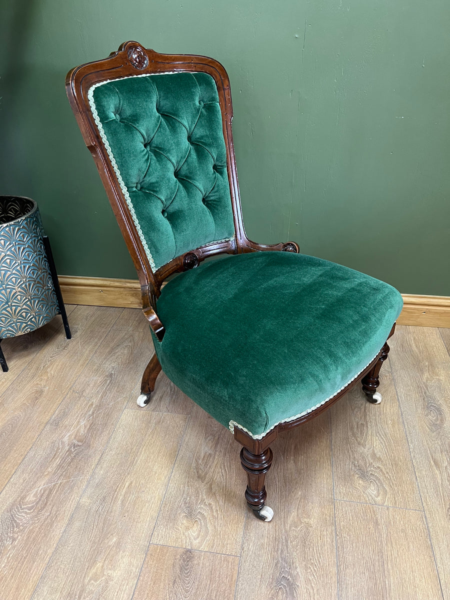 Victorian Antique Slipper Chair Royal Green Velvet With Button Back (SKU222)