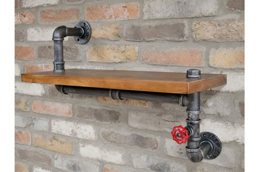 Rustic Wood & Metal Wall Shelf With Industrial Pipes (SKU722)
