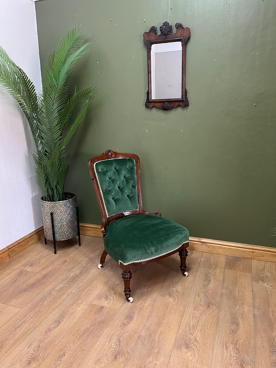 Victorian Antique Slipper Chair Royal Green Velvet With Button Back (SKU222)