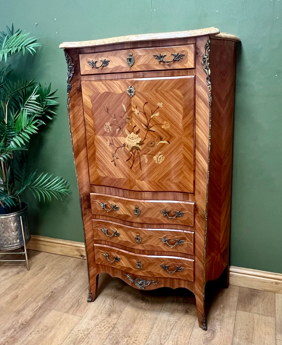 French Marquetry Inlaid Secretaire Marble Top (SKU248)