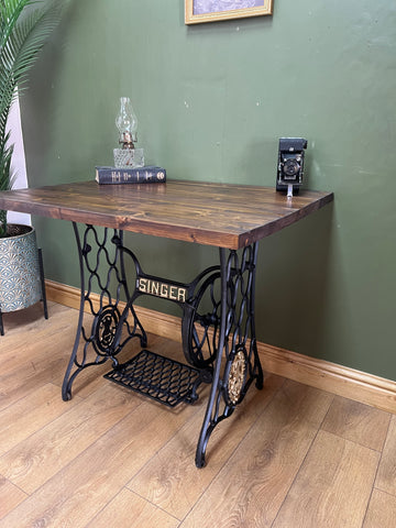 Wooden Top Desk With Singer Sewing Cast Iron Base (SKU129)