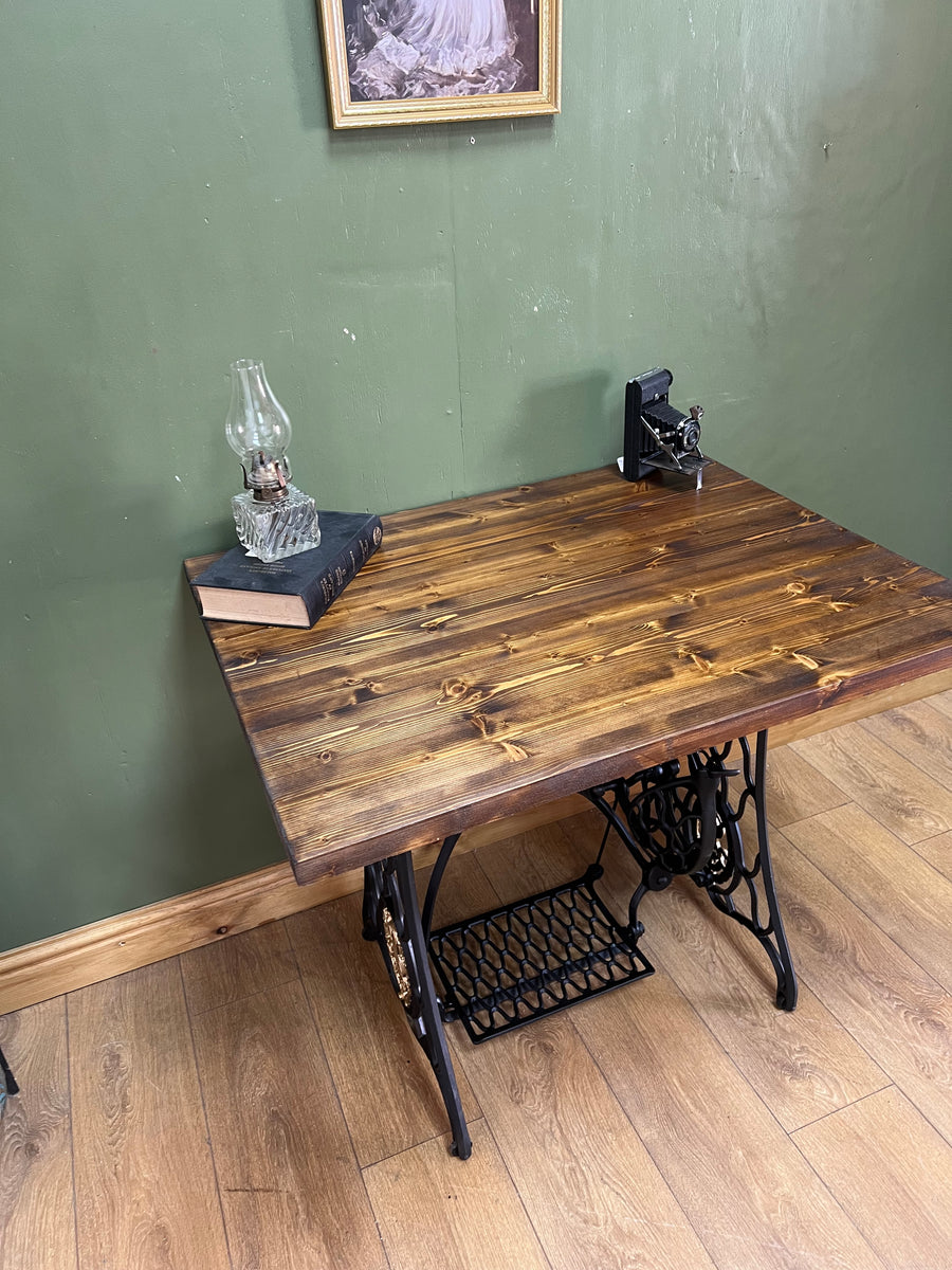 Wooden Top Desk With Singer Sewing Cast Iron Base (SKU129)