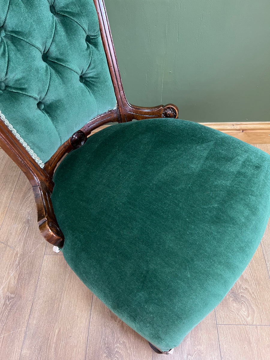 Victorian Antique Slipper Chair Royal Green Velvet With Button Back (SKU222)