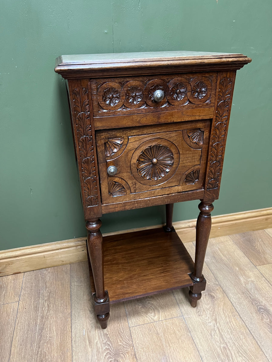 Antique French Nightstand Carved Oak Marble Top (SKU168)