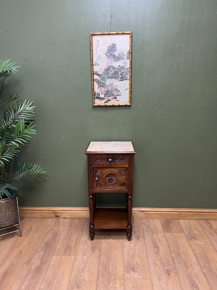 Antique French Nightstand Carved Oak Marble Top (SKU168)