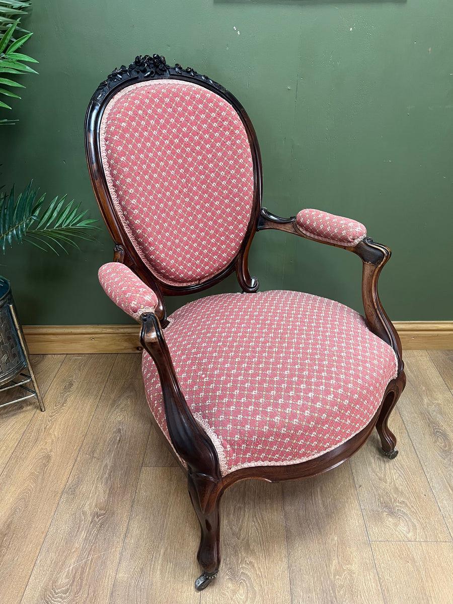 Victorian Walnut Upholstered Cameo Back Armchair (SKU241)