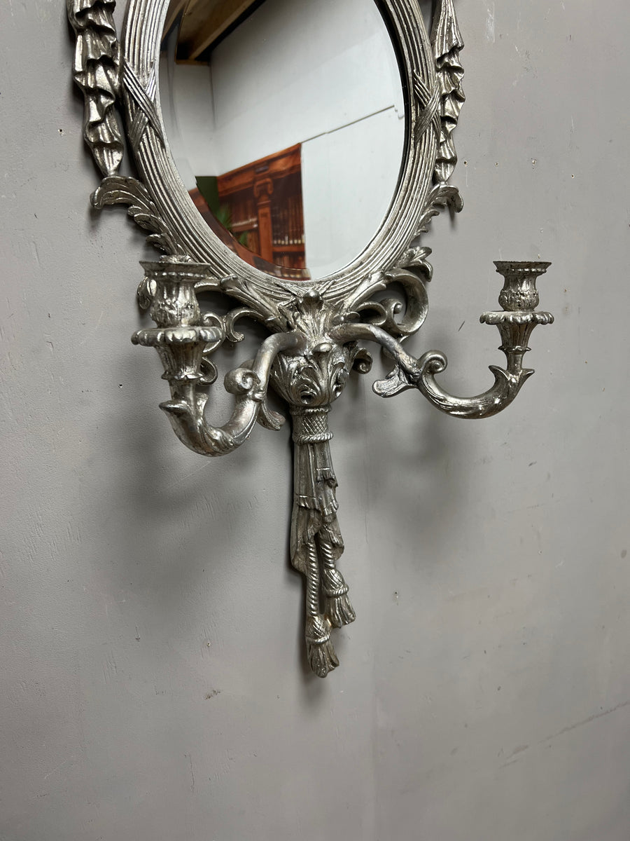 Silver Ornate Oval Mirror with 2 Candle Holders (SKU338)