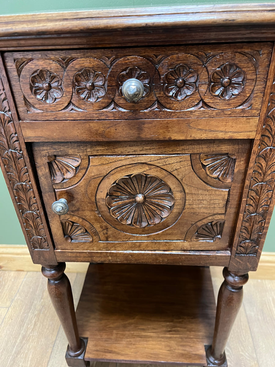 Antique French Nightstand Carved Oak Marble Top (SKU168)