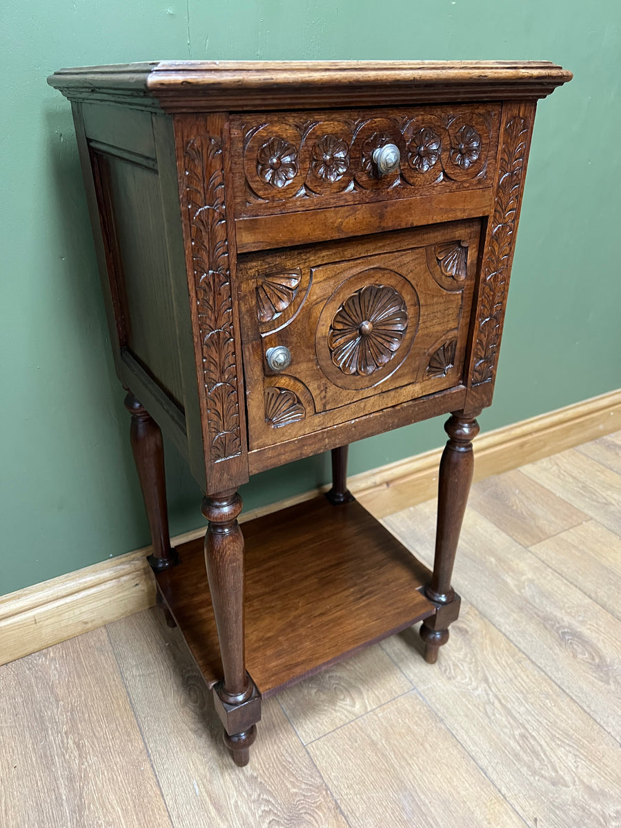 Antique French Nightstand Carved Oak Marble Top (SKU168)