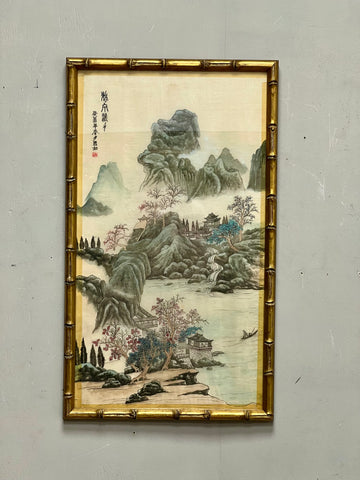 Vintage Oriental Silk Picture In Bamboo Gold Frame (SKU403)