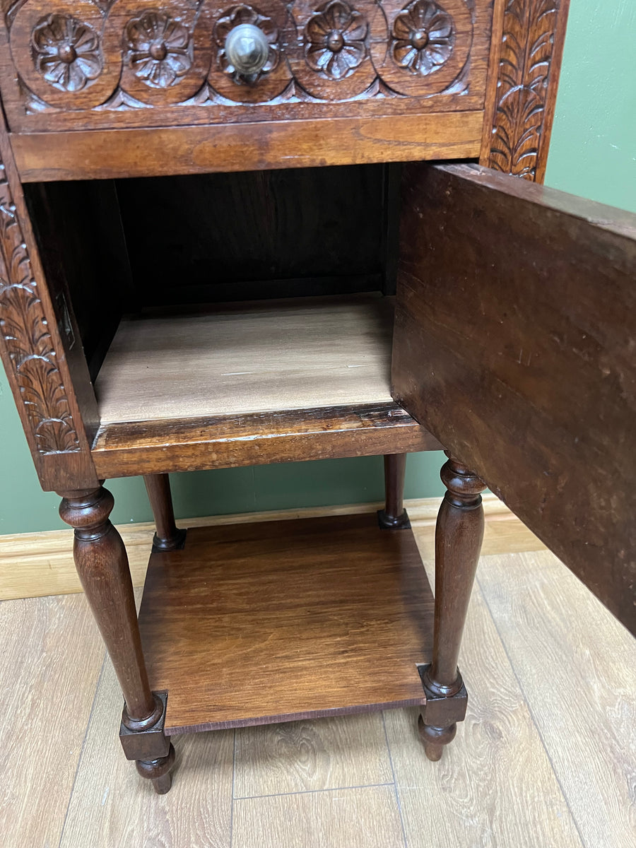 Antique French Nightstand Carved Oak Marble Top (SKU168)