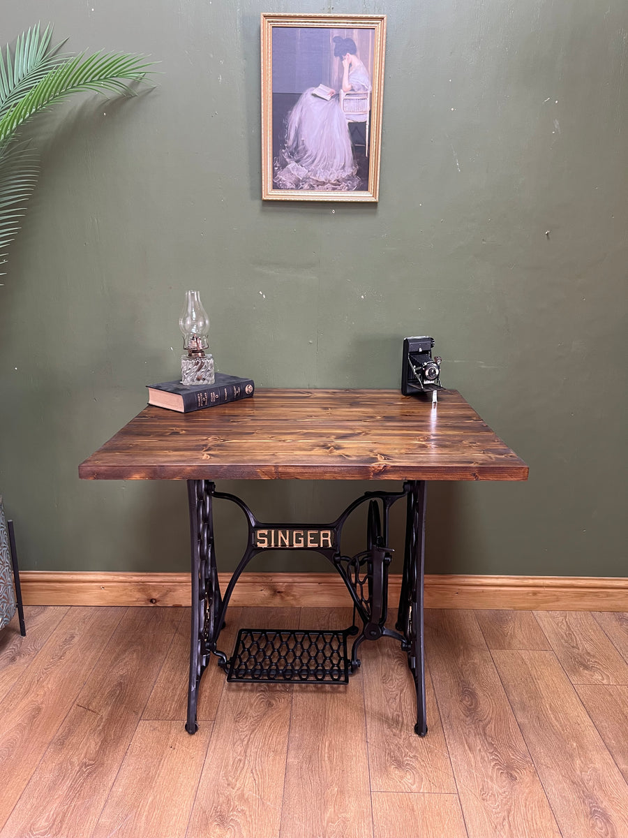 Wooden Top Desk With Singer Sewing Cast Iron Base (SKU129)