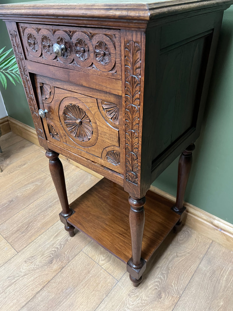 Antique French Nightstand Carved Oak Marble Top (SKU168)