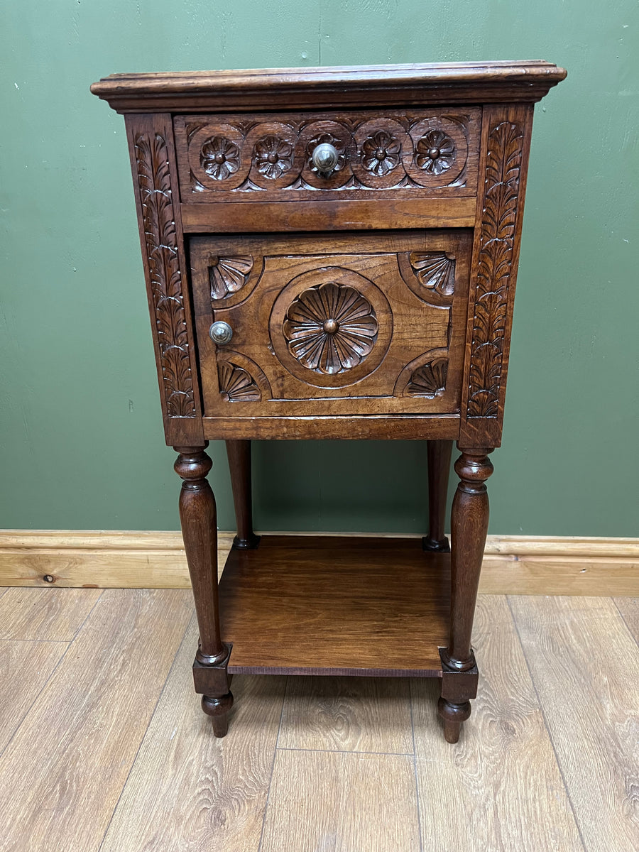 Antique French Nightstand Carved Oak Marble Top (SKU168)