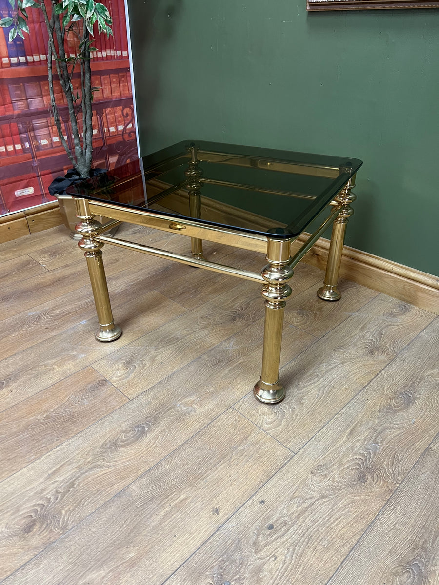 Vintage 1970's Brass Side Table Smoked Glass Top (SKU96)