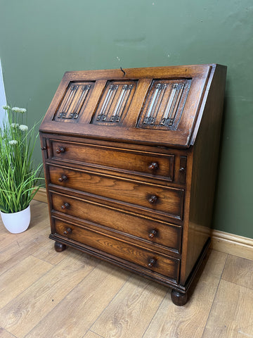 Vintage Solid Oak Linenfold Bureau With Key (SKU146)