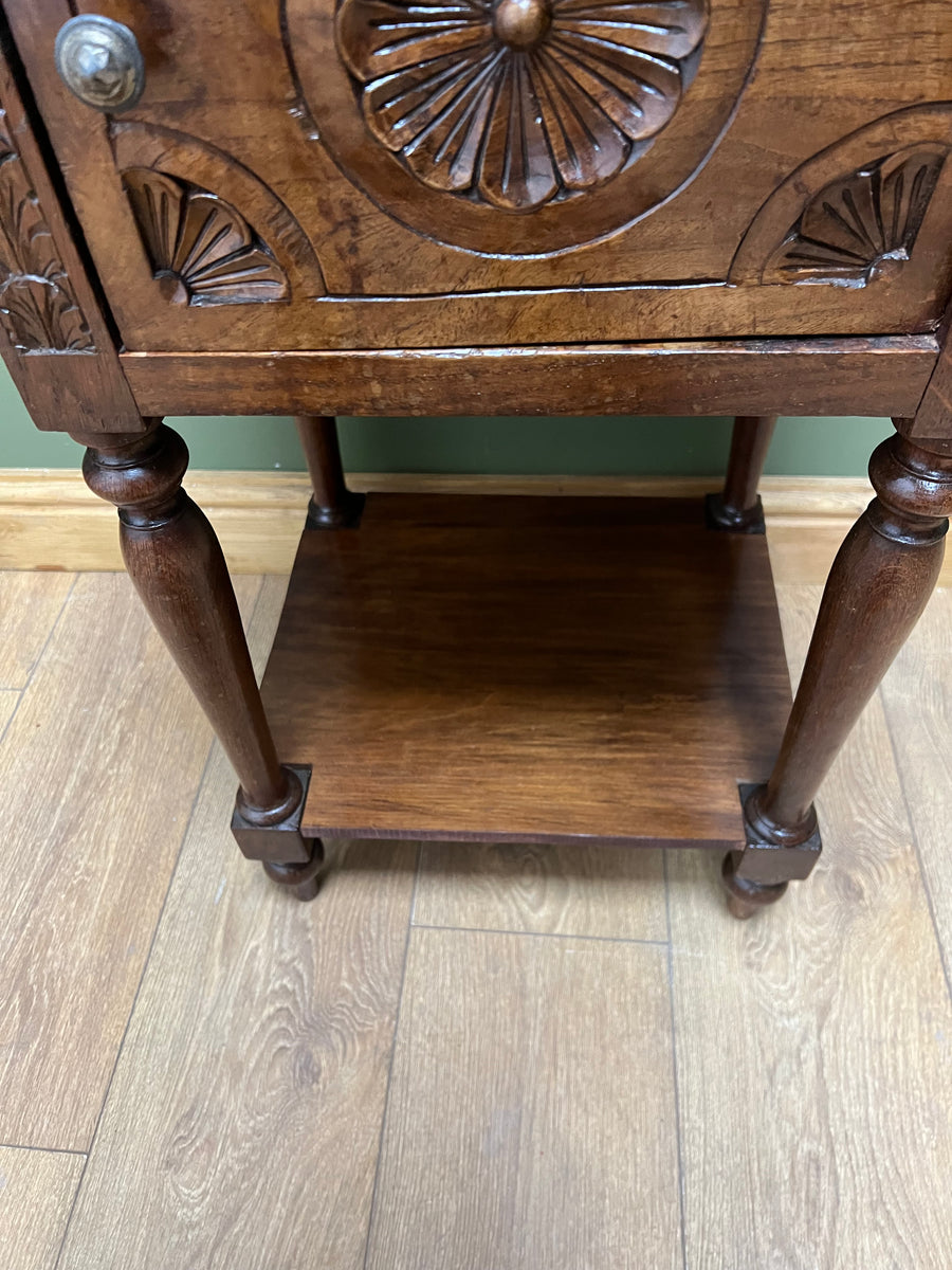 Antique French Nightstand Carved Oak Marble Top (SKU168)