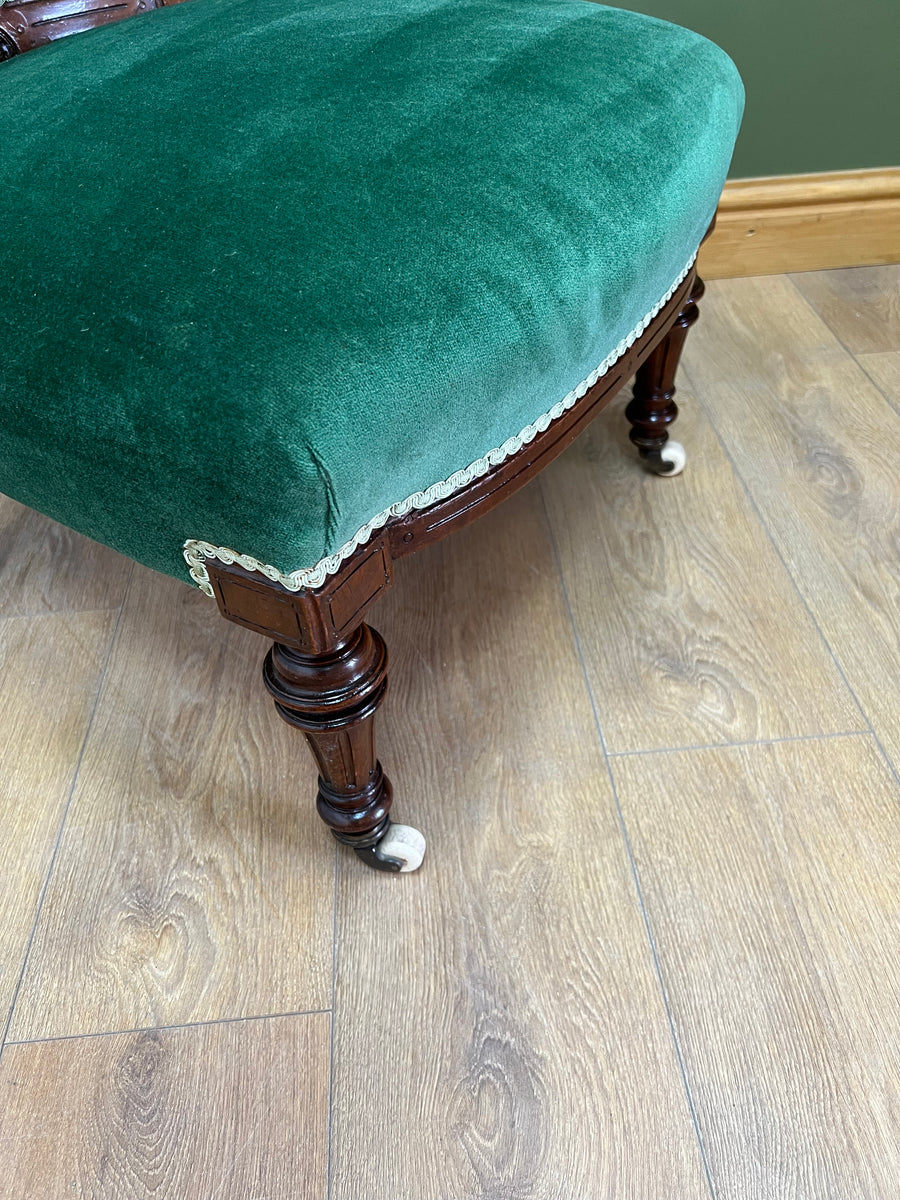 Victorian Antique Slipper Chair Royal Green Velvet With Button Back (SKU222)