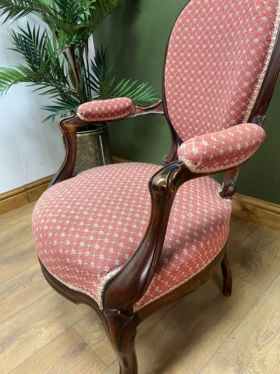 Victorian Walnut Upholstered Cameo Back Armchair (SKU241)