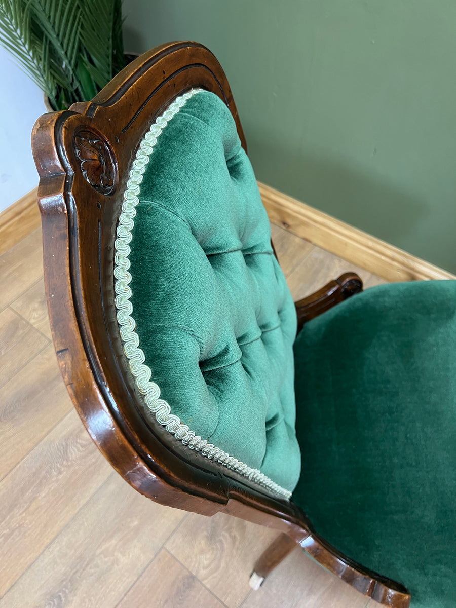 Victorian Antique Slipper Chair Royal Green Velvet With Button Back (SKU222)