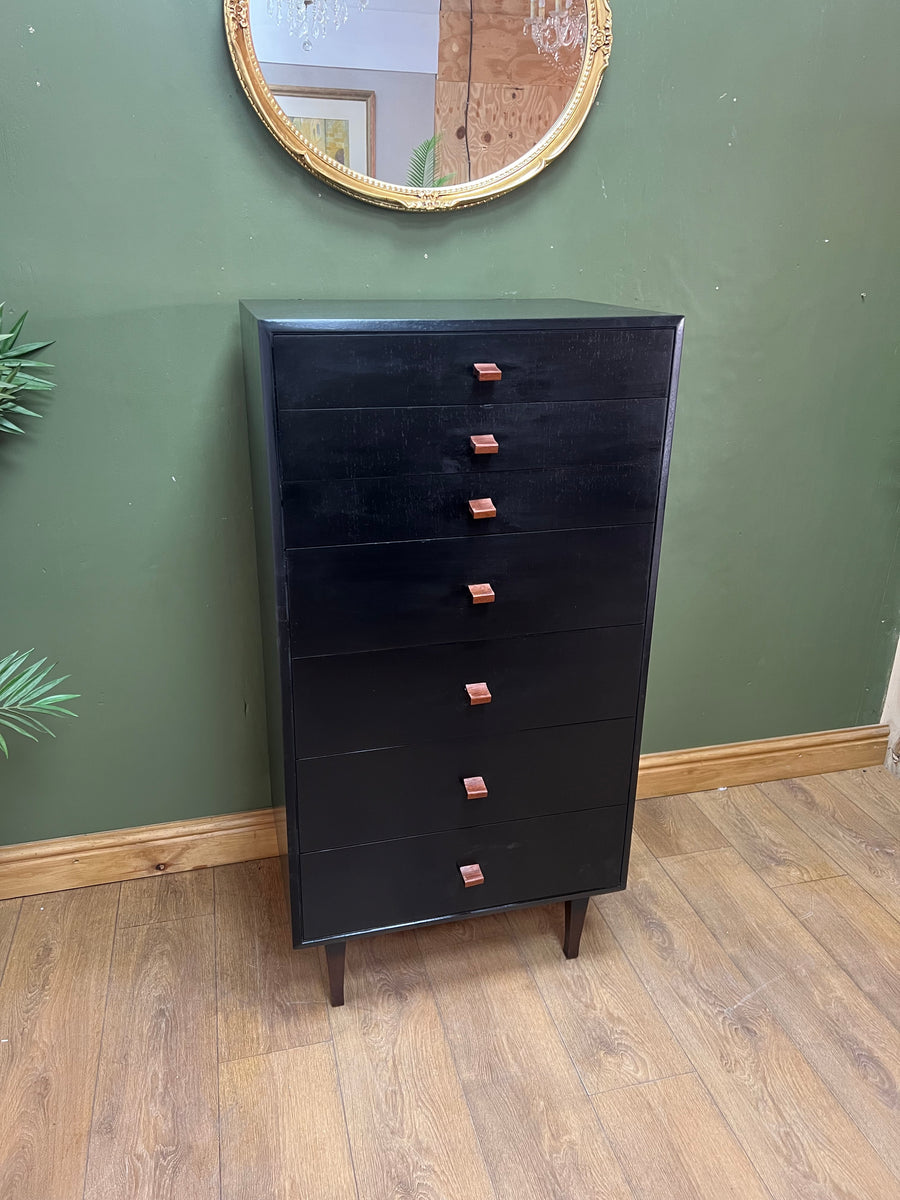 Vintage Retro Meredew Painted Black Tall Chest Drawers (SKU163)