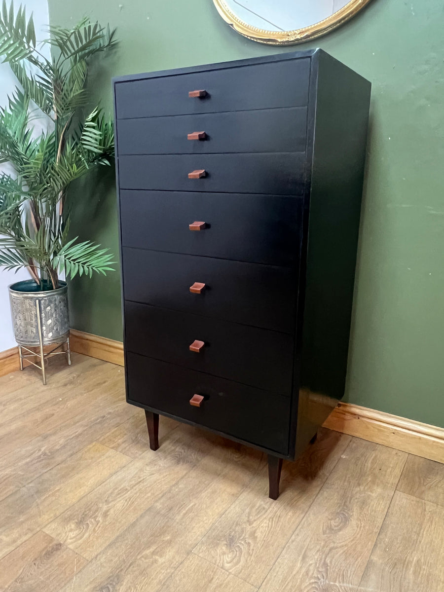 Vintage Retro Meredew Painted Black Tall Chest Drawers (SKU163)