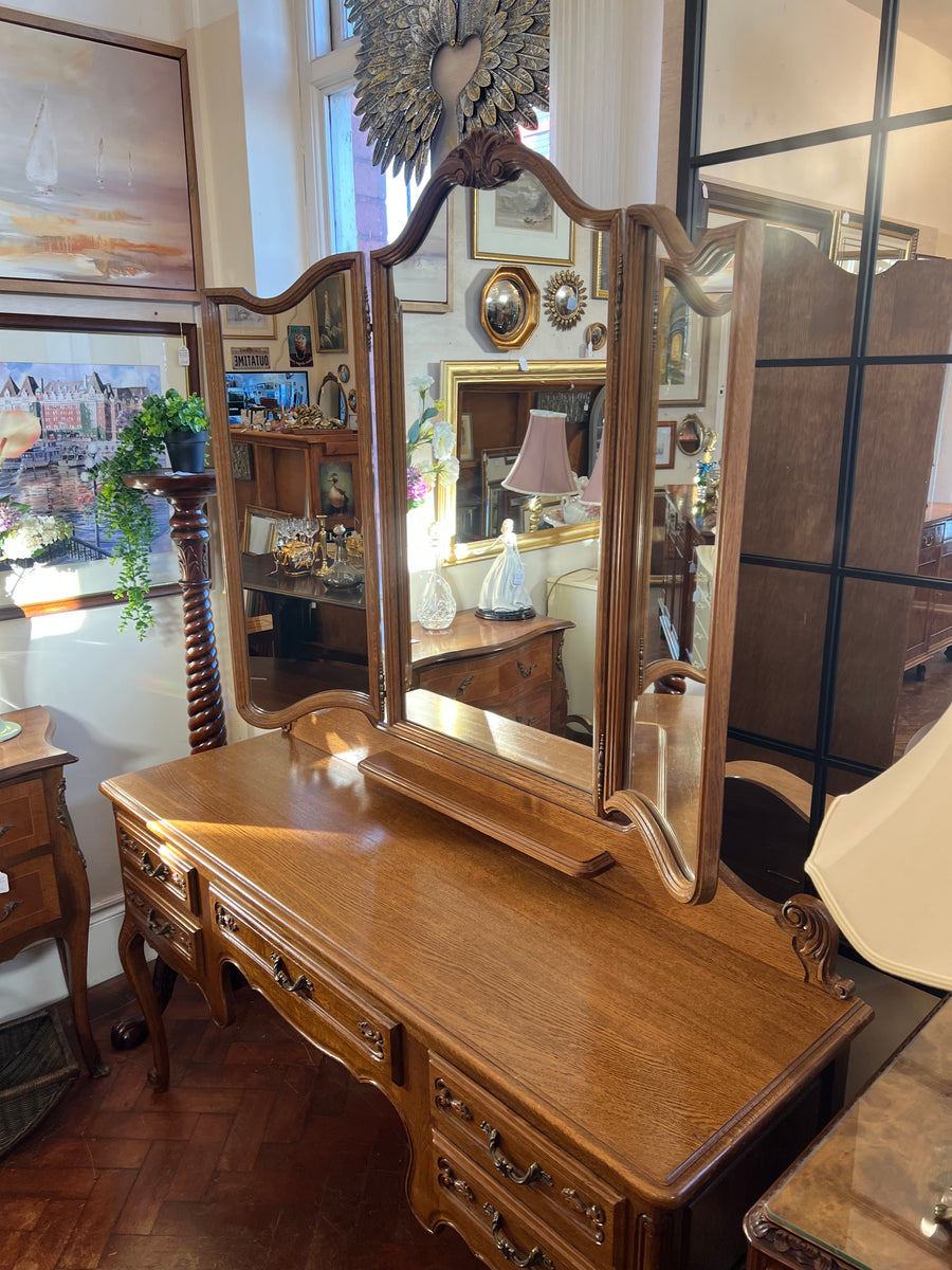 French Style Louis XV Carved Oak Triple Mirror Dressing Table (SKU156)