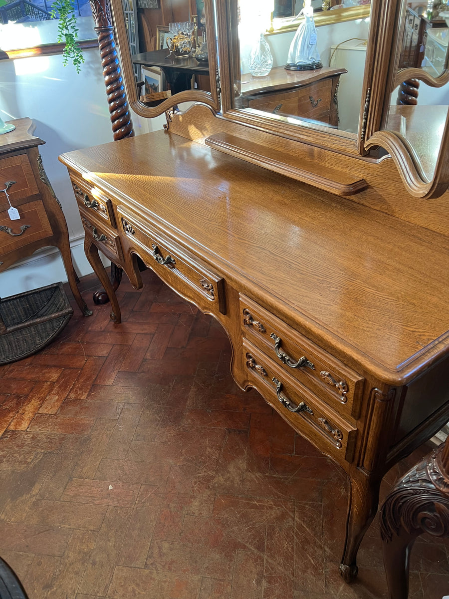 French Style Louis XV Carved Oak Triple Mirror Dressing Table (SKU156)