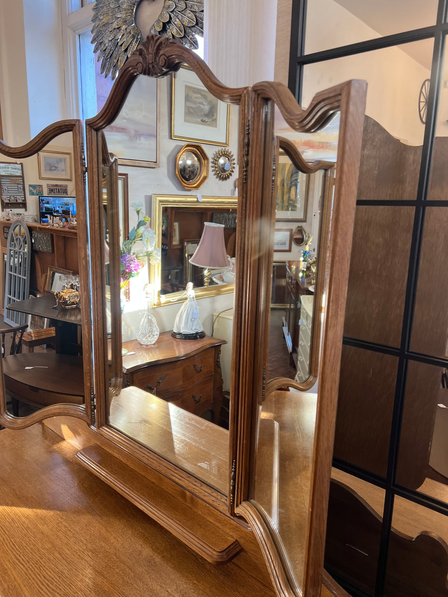 French Style Louis XV Carved Oak Triple Mirror Dressing Table (SKU156)